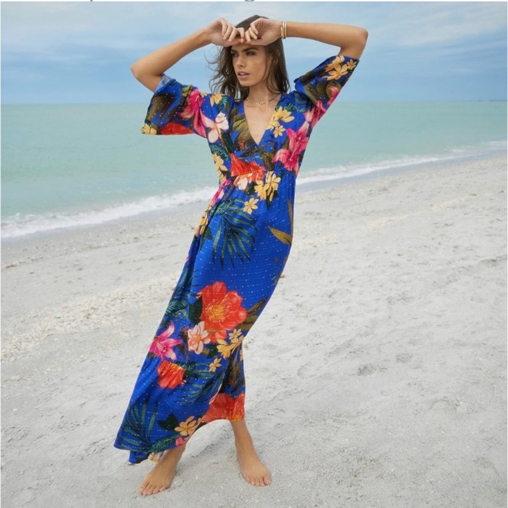 PQ Swim Floral Navy Blue Maxi Dress Long Sleeve
